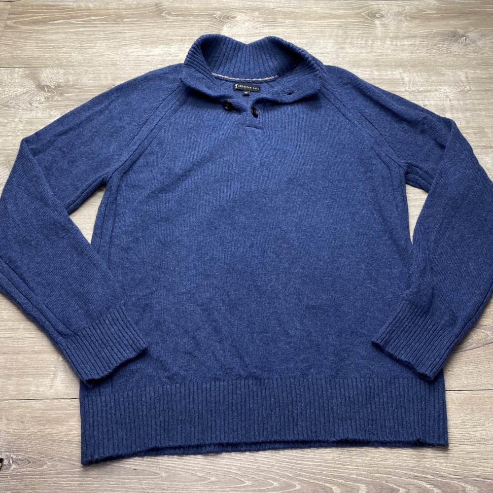 American Tall Sweater Mens L/T Blue‎ Wool Blend Mock Neck Button Pullover